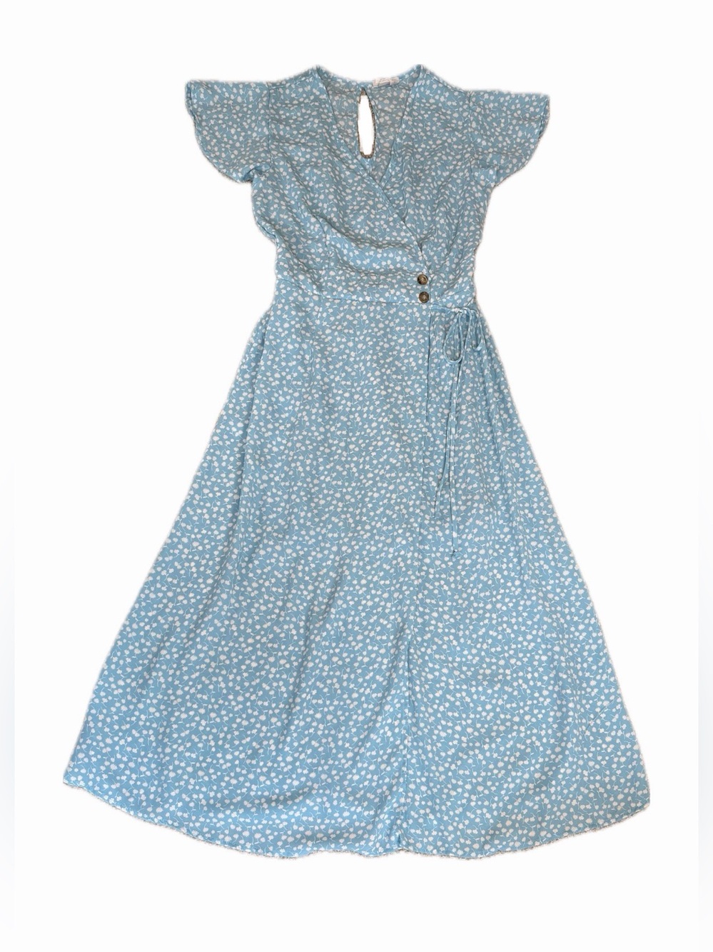 Sienna Sky Blue Floral Wrap Short Flutter  Sleeve Maxi Dress Small Cottagecore
